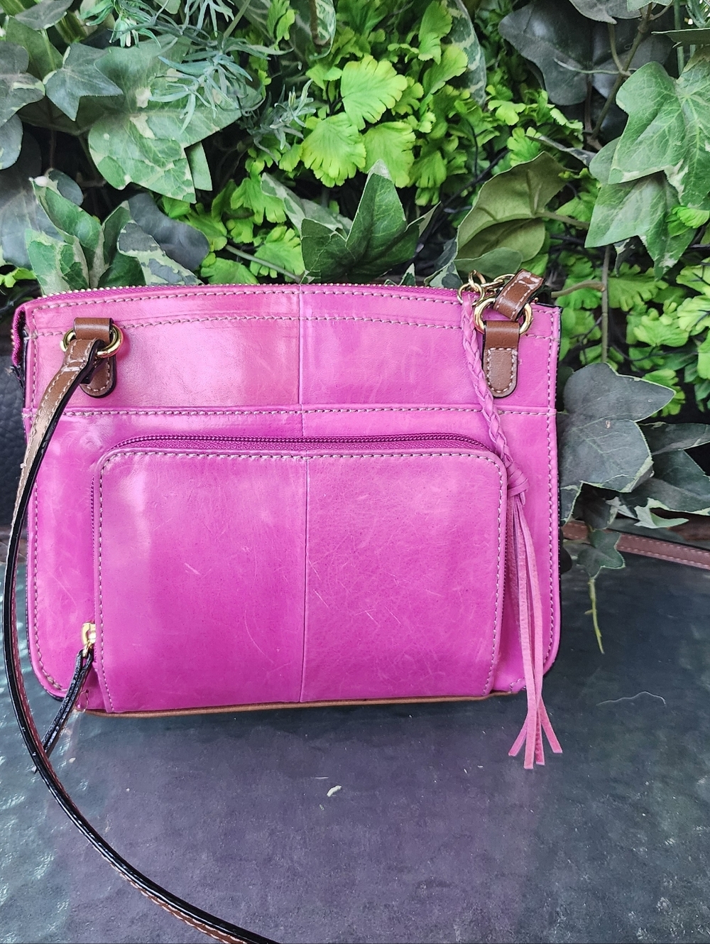 Tignanello Magenta Leather Crossbody with Brown Strap - Picture 4 of 8
